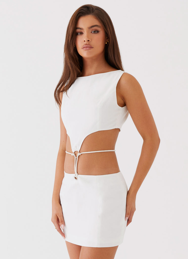 Womens Ryann Cut Out Mini Dress in the colour White in front of a light grey background