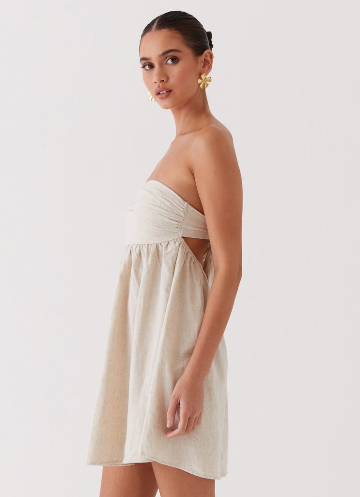 Womens Night Changes Linen Mini Dress in the colour Oatmeal in front of a light grey background