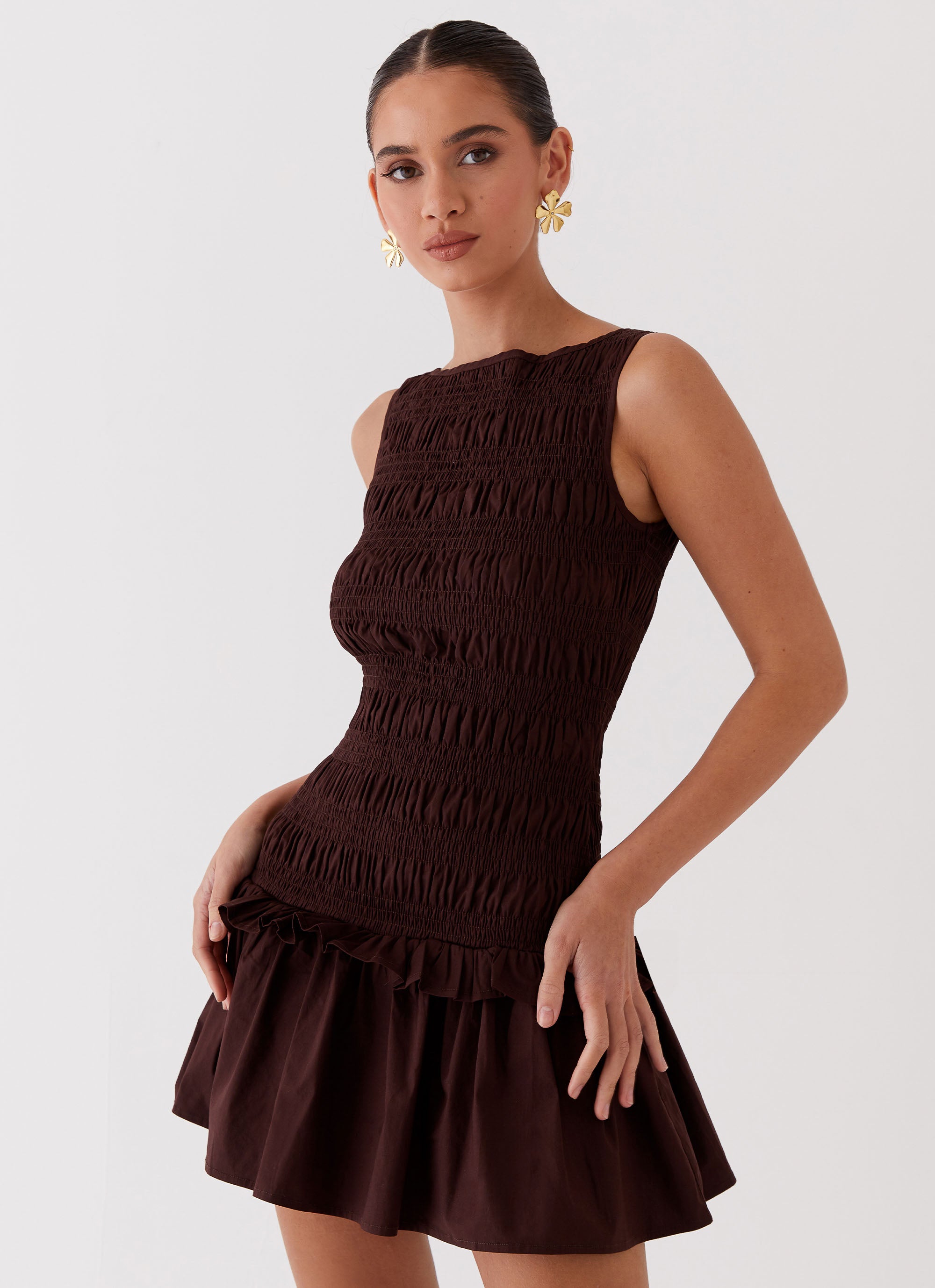Garden Kisses Shirred Mini Dress - Chocolate Peppermayo US Garden Kisses Shirred Mini Dress - Chocolate Peppermayo US