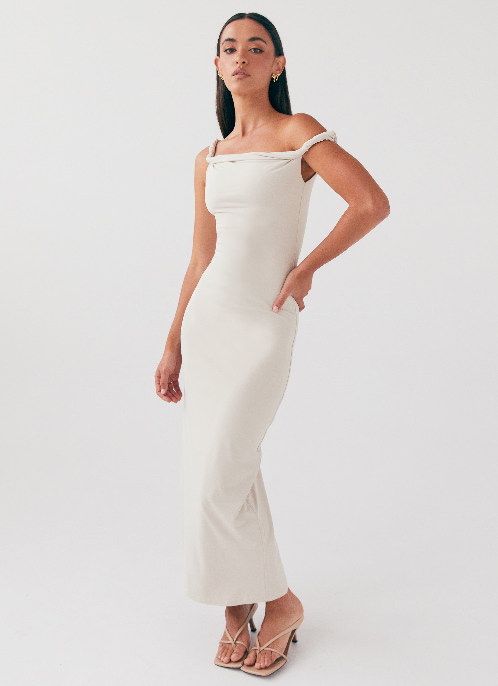 Arabella Twist Shoulder Maxi Dress - Beige Peppermayo US Arabella Twist Shoulder Maxi Dress - Beige Peppermayo US