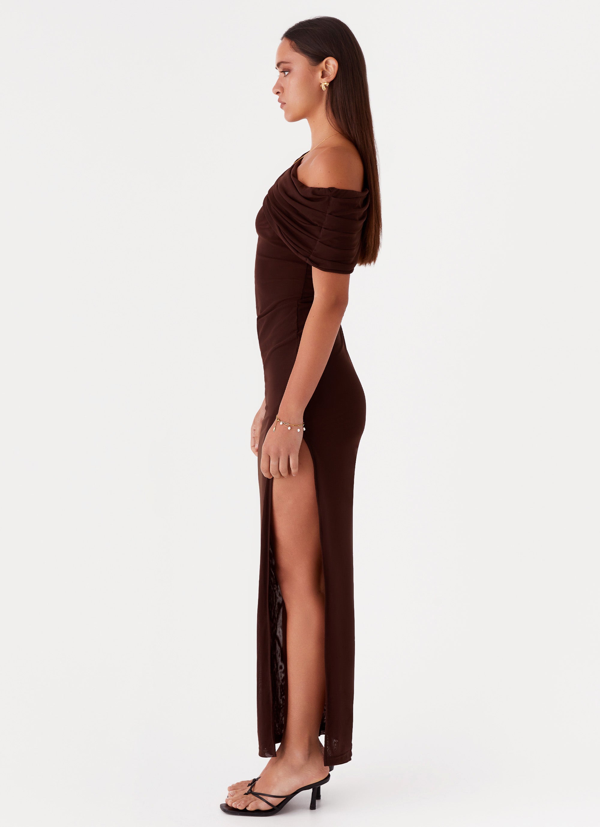 Ciara One Shoulder Draped Maxi Dress - Chocolate Peppermayo US Ciara One Shoulder Draped Maxi Dress - Chocolate Peppermayo US