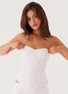 Womens Jaslyn Corset Top in the colour White in front of a light grey background
