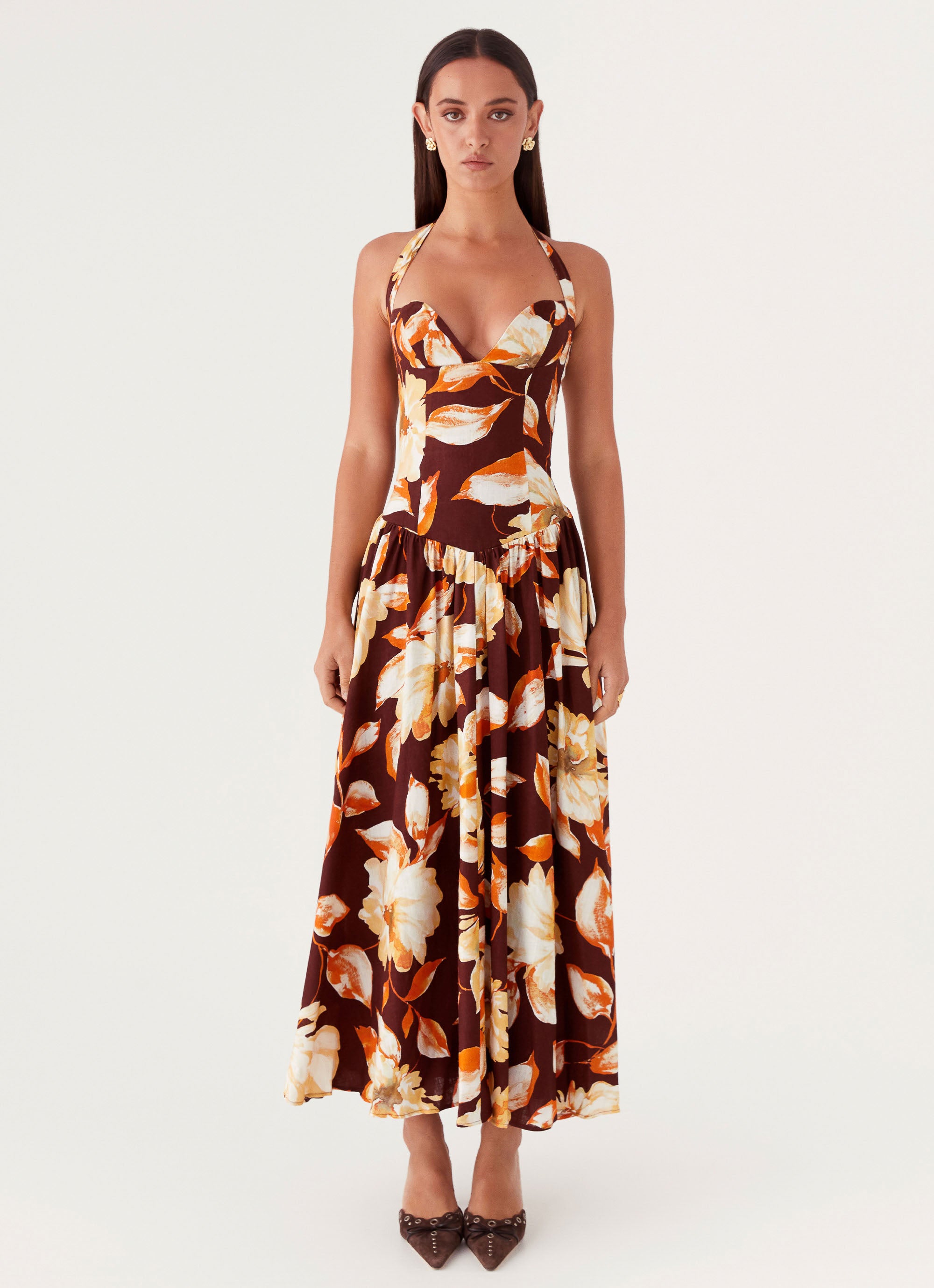Dahlia Linen Maxi Dress - Brown Floral Peppermayo US Dahlia Linen Maxi Dress - Brown Floral Peppermayo US