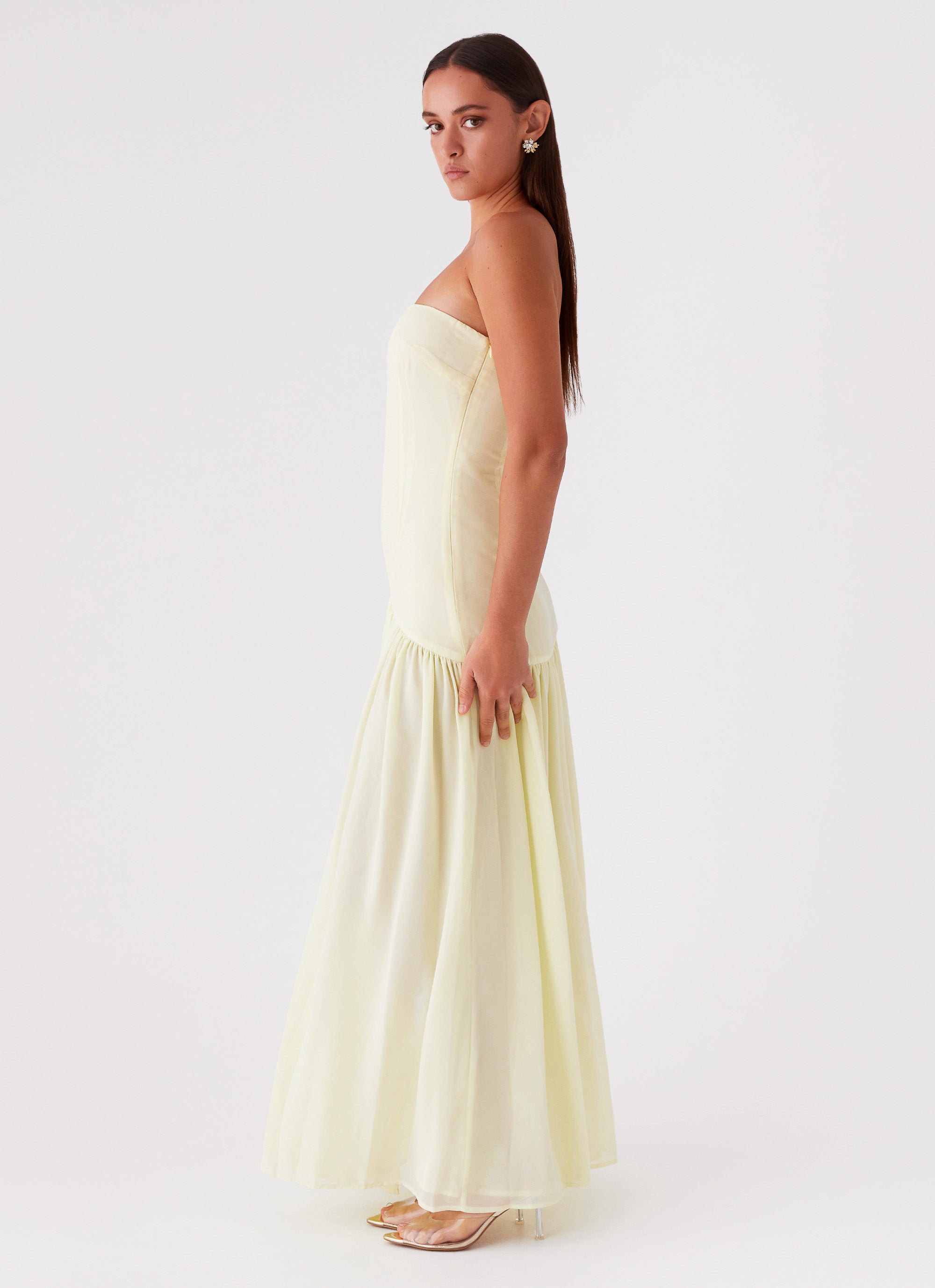 yellow strapless maxi dress Rosaline Strapless Satin Maxi Dress (Light Yellow) Small