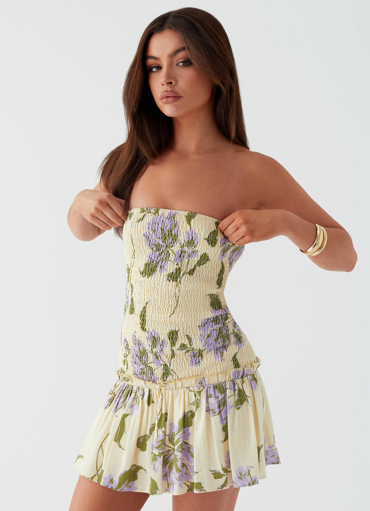 Womens Break From Toronto Linen Mini Dress in the colour Yellow Purple Floral in front of a light grey background