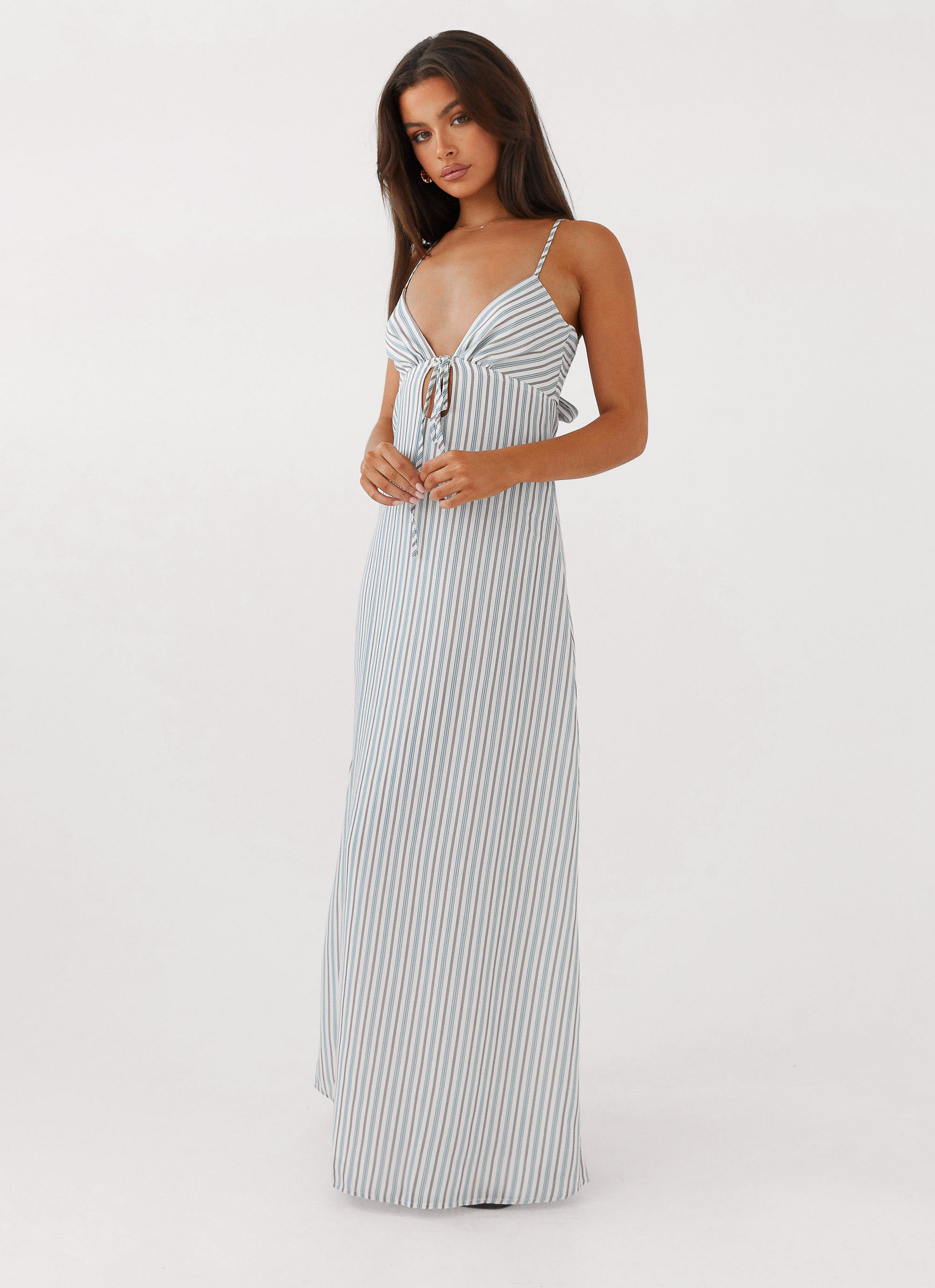 Flora Linen Maxi Dress - Blue Choc Stripe Peppermayo US Flora Linen Maxi Dress - Blue Choc Stripe Peppermayo US