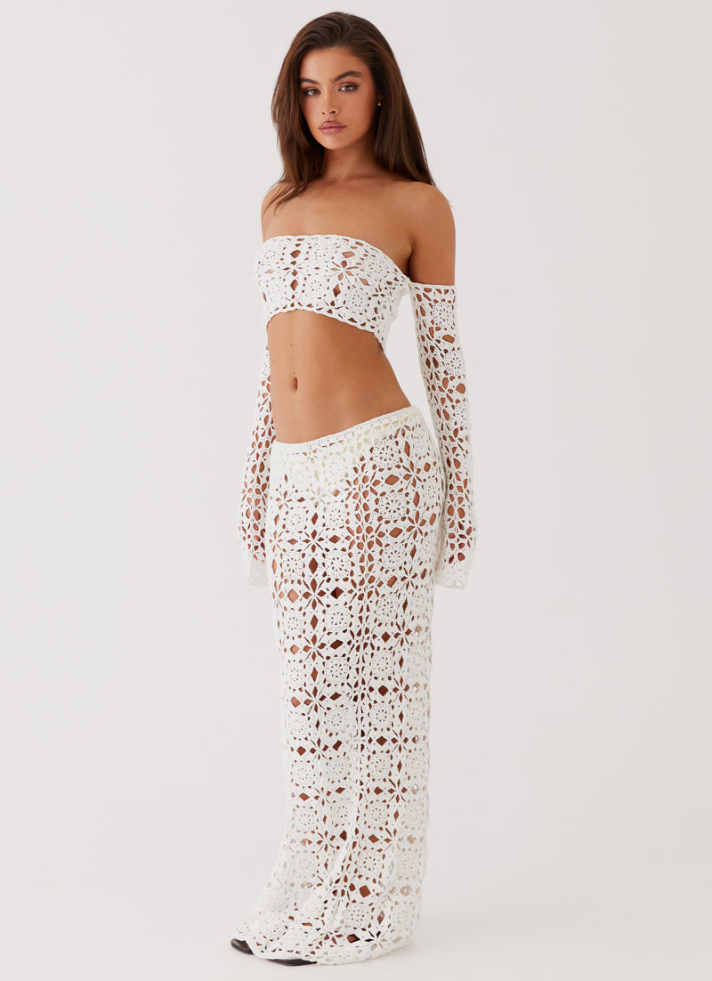 Womens Sorrentino Crochet Long Sleeve Top in the colour White in front of a light grey background