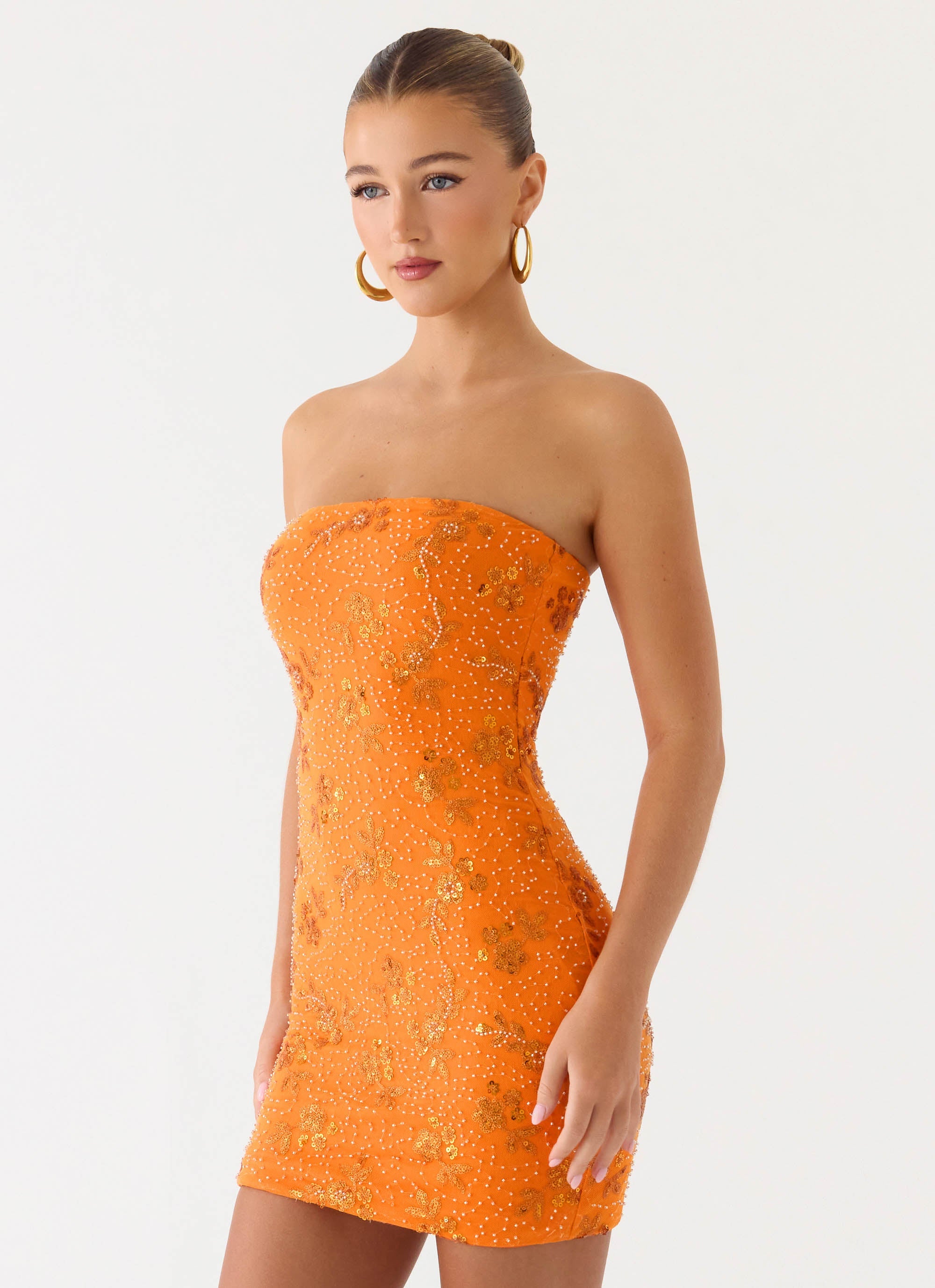 hana official orange embellished mini dress Sorority Rush Dress | Push Back Beaded Sequin Mini Dress