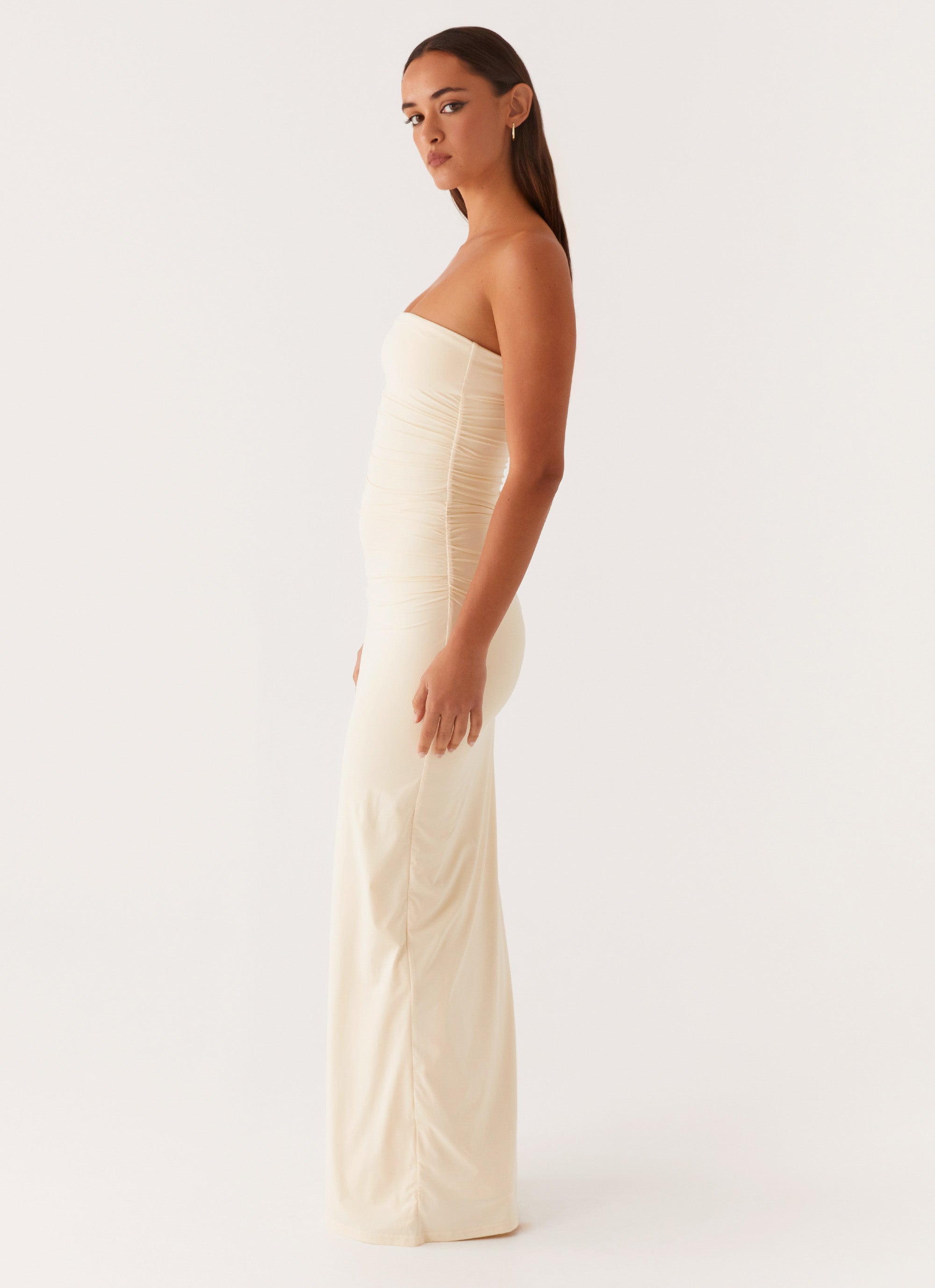beige strapless maxi dress Strapless Linen Maxi Dress Melange / S