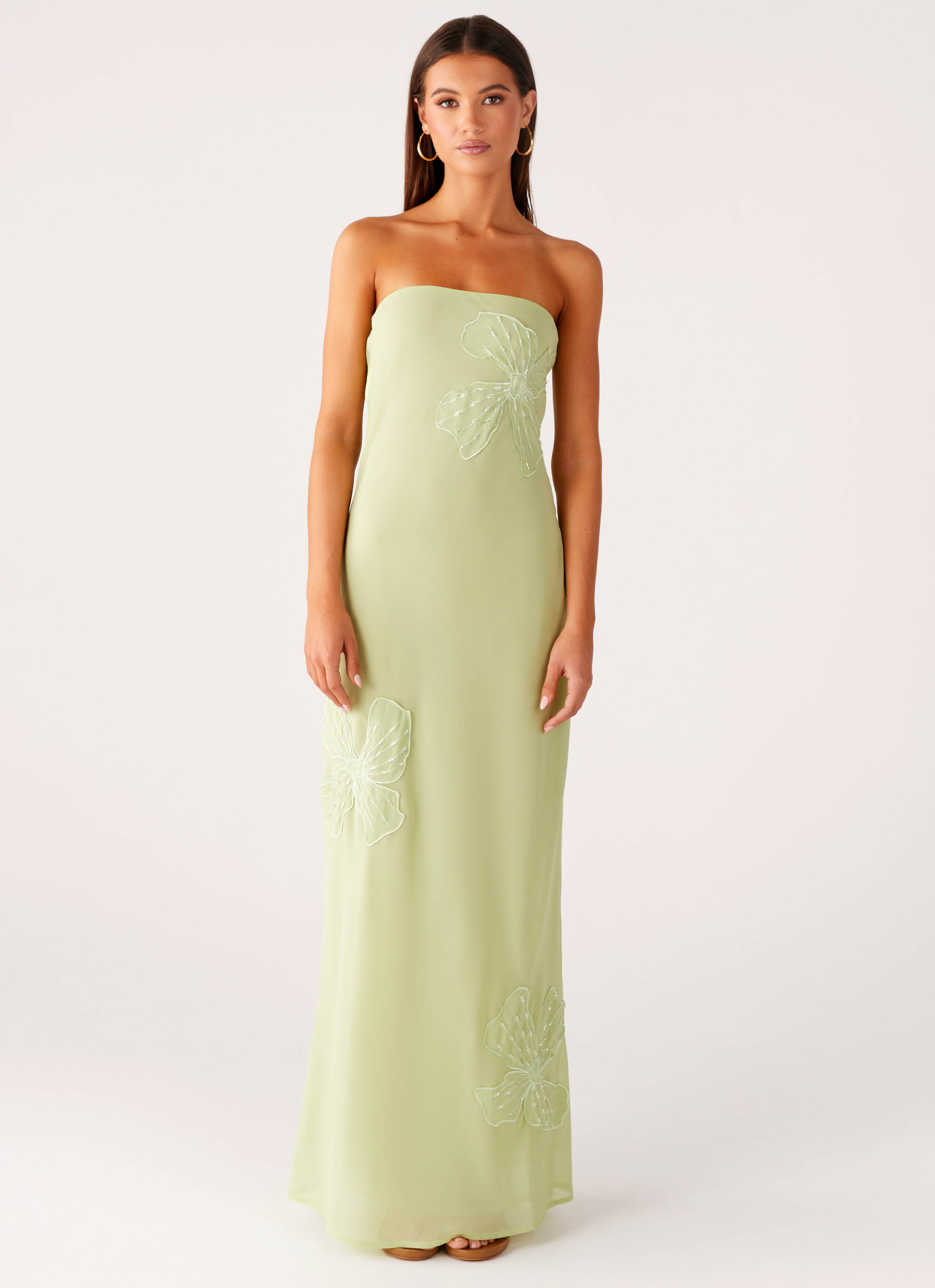 Sassafras Beaded Flower Strapless Maxi Dress - Lime Lime / US 12 Sassafras Beaded Flower Strapless Maxi Dress - Lime Lime / US 12
