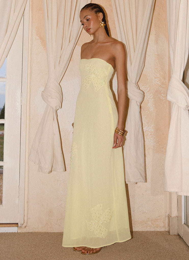Sassafras Beaded Flower Strapless Maxi Dress - Yellow