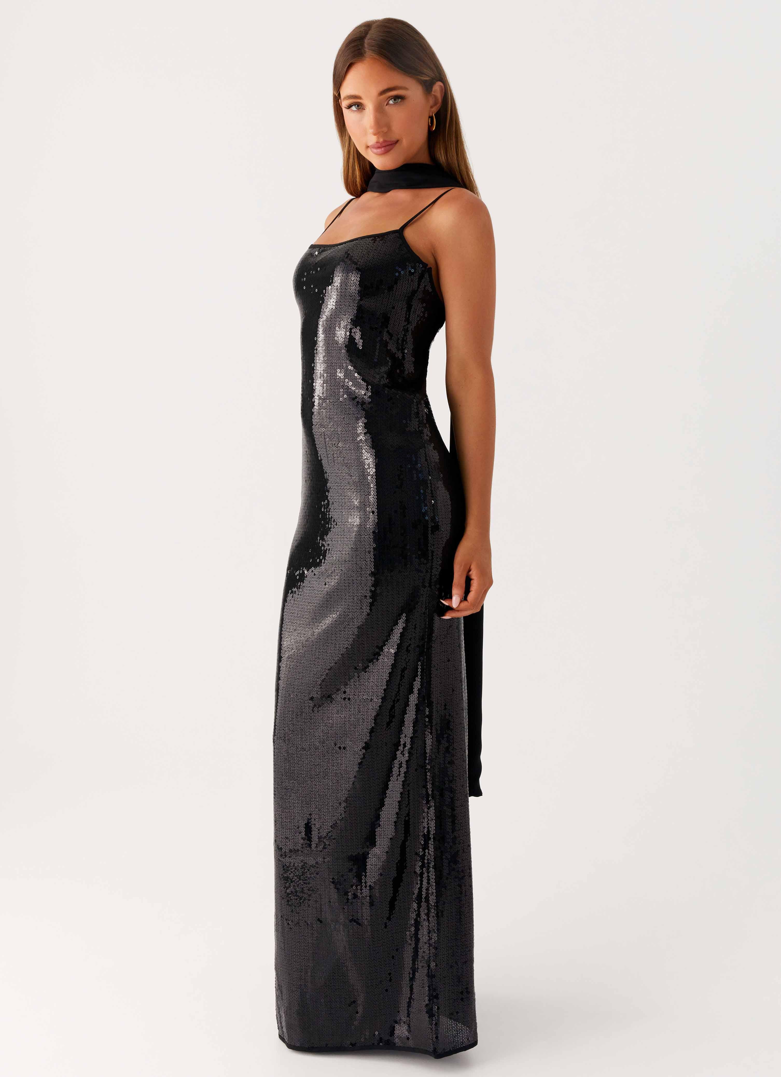 Scarf Neck Sequins Maxi Dress - Black Peppermayo US Scarf Neck Sequins Maxi Dress - Black Peppermayo US