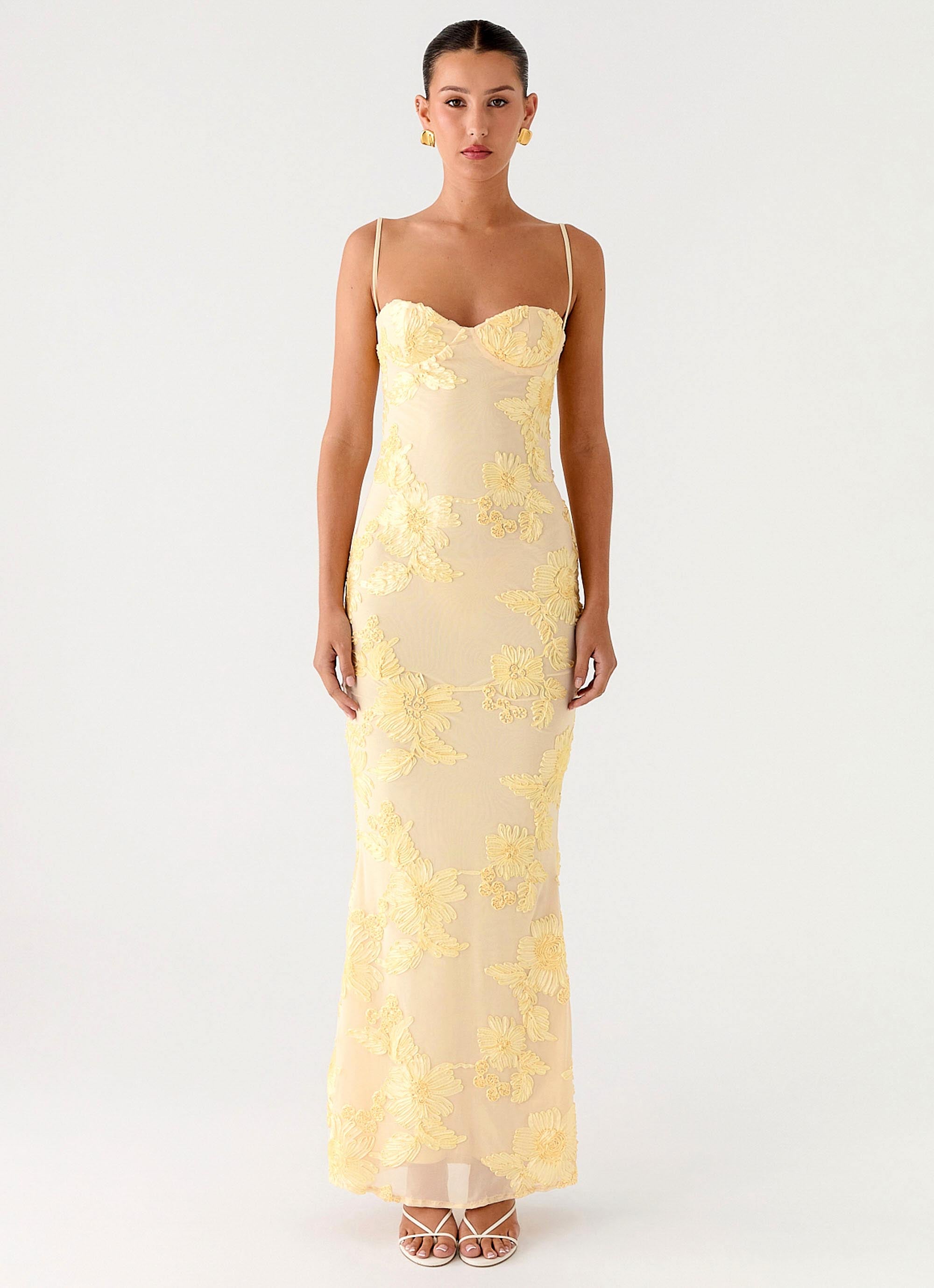 lemon yellow dress Lemon Yellow Lace And Beading V-Neck Long Dress With Lace Up Back