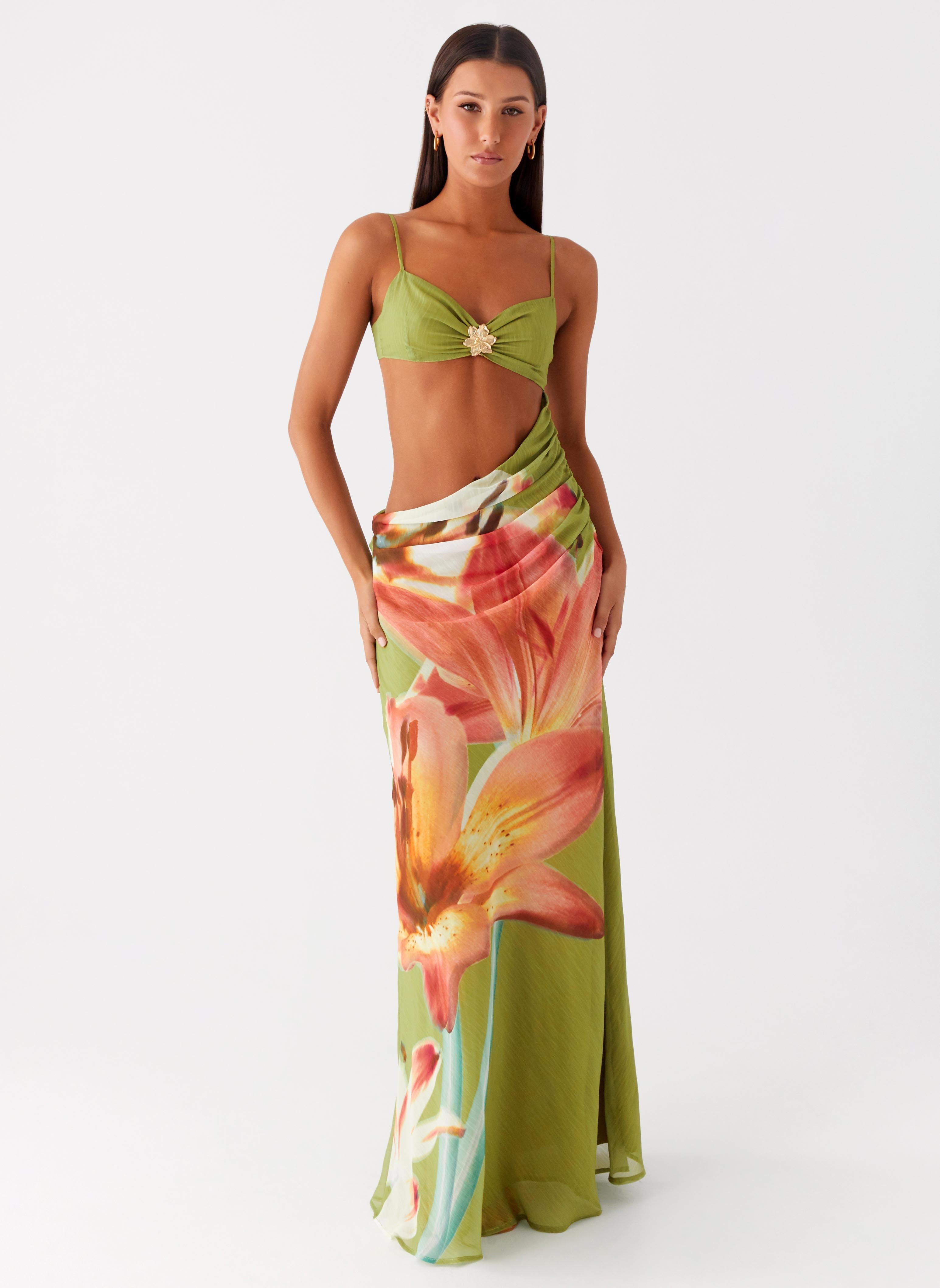cut out tropical dress Tropical Leaf Print Cutout Maxi Dress