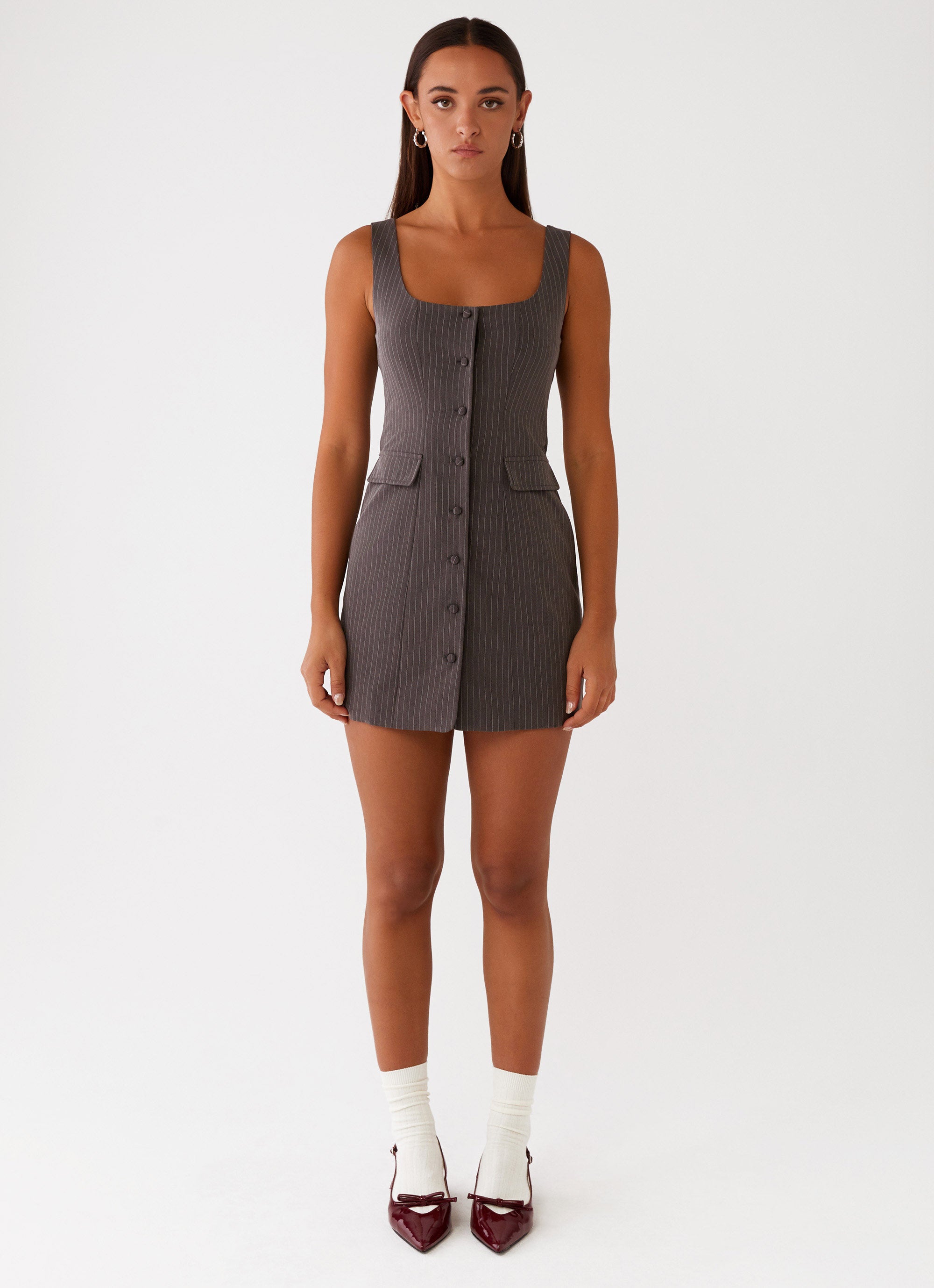 reformation taya mini dress Reformation Taya Pinstripe Mini Dress In Grey Pinstripe - 50% Off