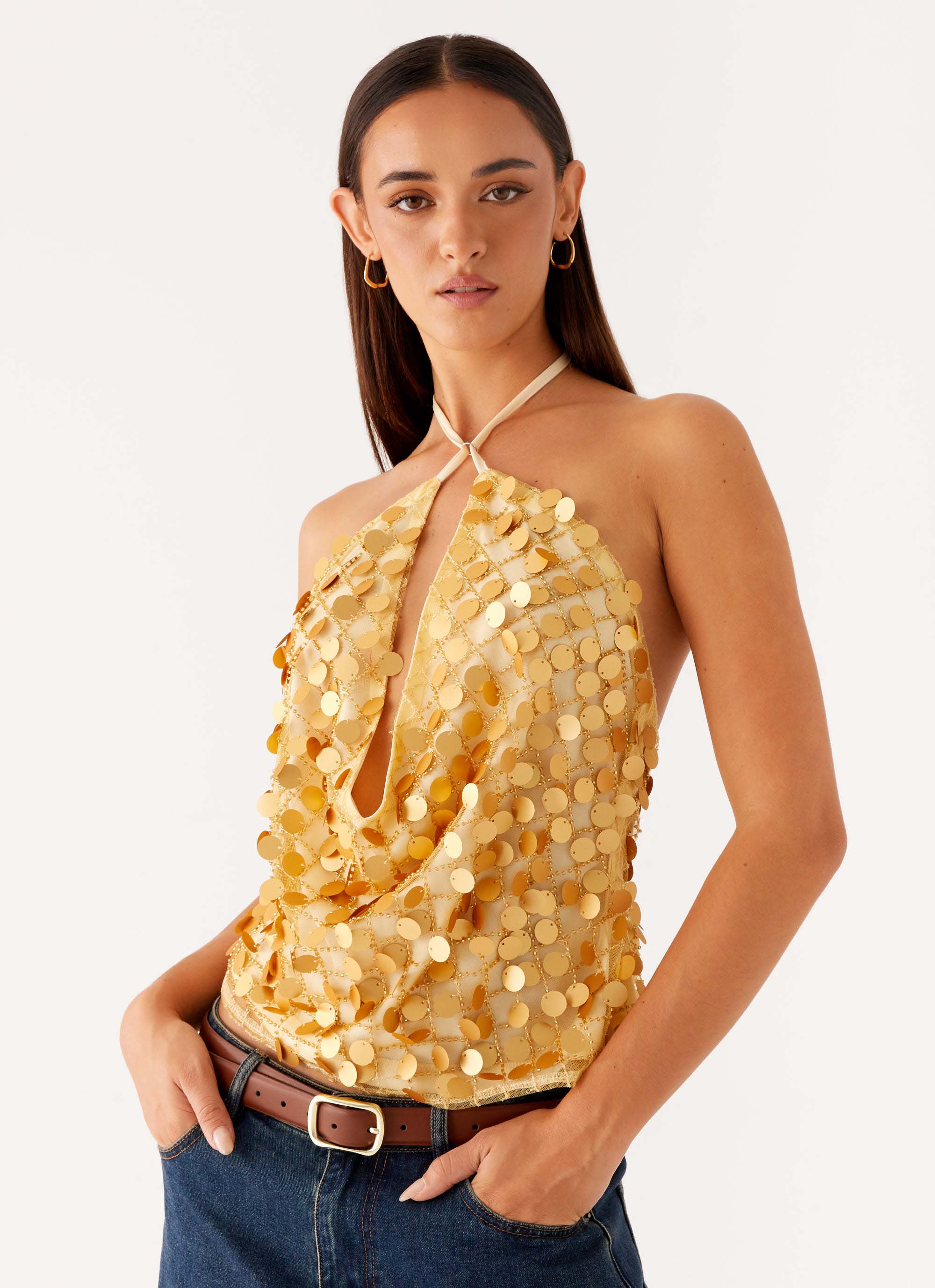 Xander Sequin Halter Top - Gold Gold / US 18 Xander Sequin Halter Top - Gold Gold / US 18