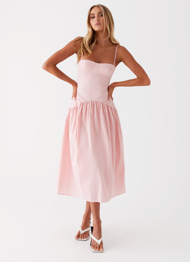 Womens Yvette Corset Midi Dress in the colour Pink in front of a light grey background