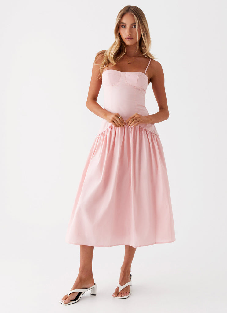 Womens Yvette Corset Midi Dress in the colour Pink in front of a light grey background