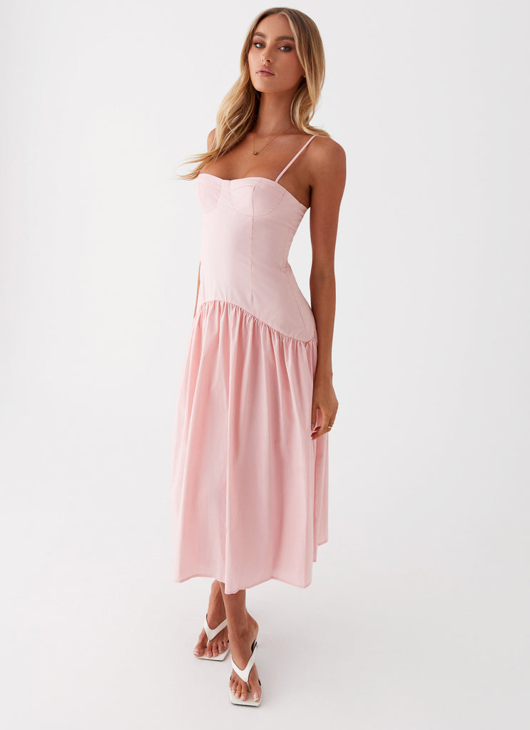 Womens Yvette Corset Midi Dress in the colour Pink in front of a light grey background