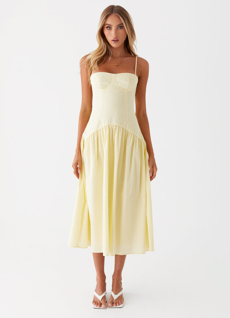Womens Yvette Corset Midi Dress in the colour Yellow in front of a light grey background