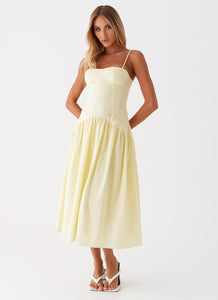 Womens Yvette Corset Midi Dress in the colour Yellow in front of a light grey background