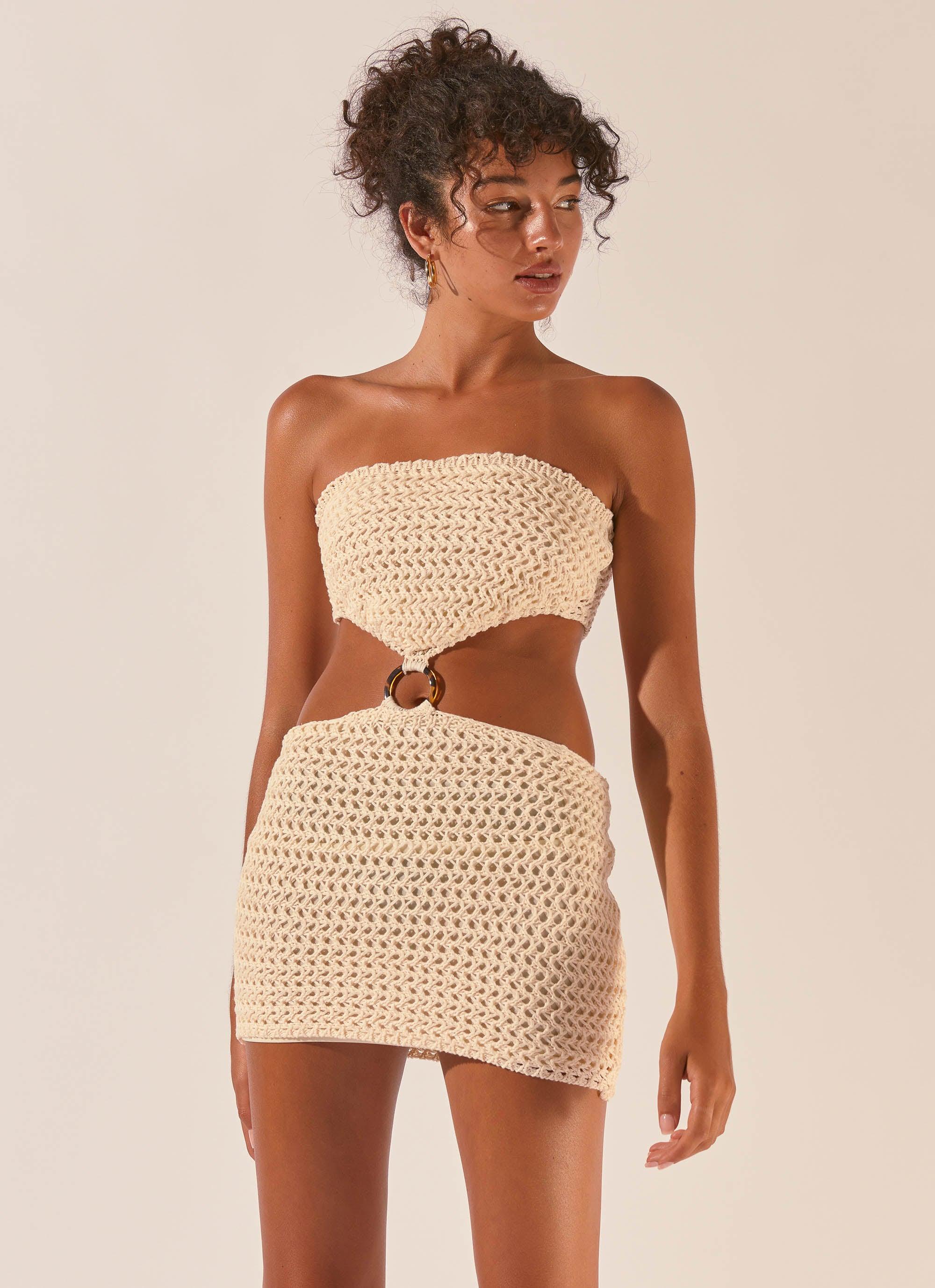 Balmy Nights Crochet Mini Dress - Seashell Peppermayo US Balmy Nights Crochet Mini Dress - Seashell Peppermayo US