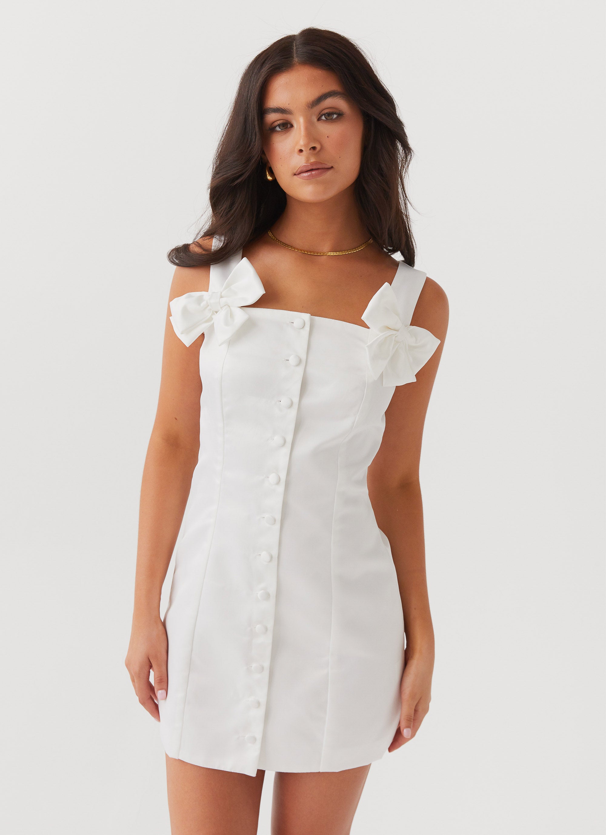 Brielle Bow Satin Mini Dress - White Brielle Bow Satin Mini Dress - White