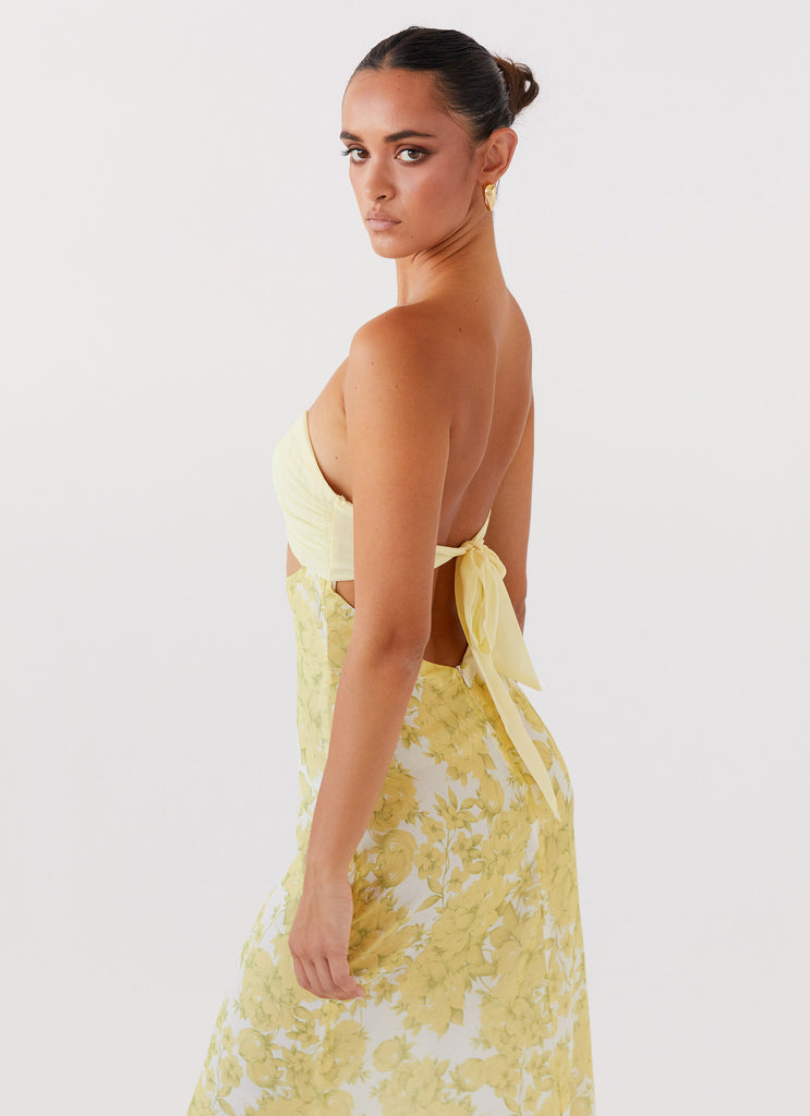 Womens Tropicana Maxi Dress in the colour Daffodil in front of a light grey background