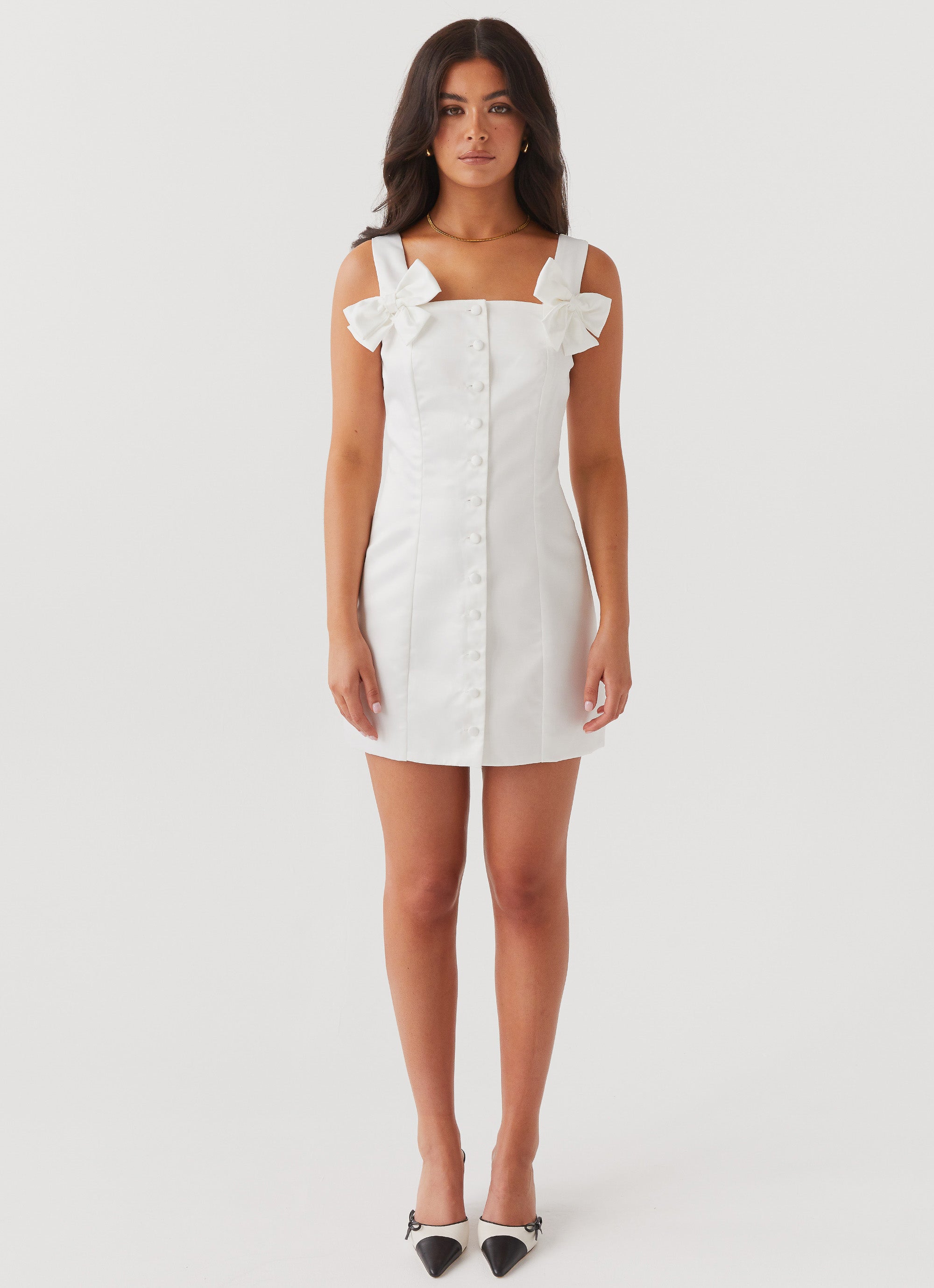 premium white woven bow detail mini dress Brielle Bow Satin Mini Dress