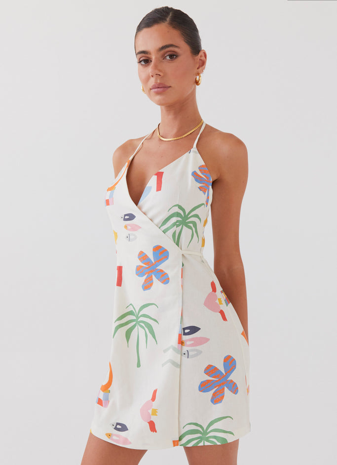 At Last Sunrise Wrap Linen Mini Dress - Summer Palm