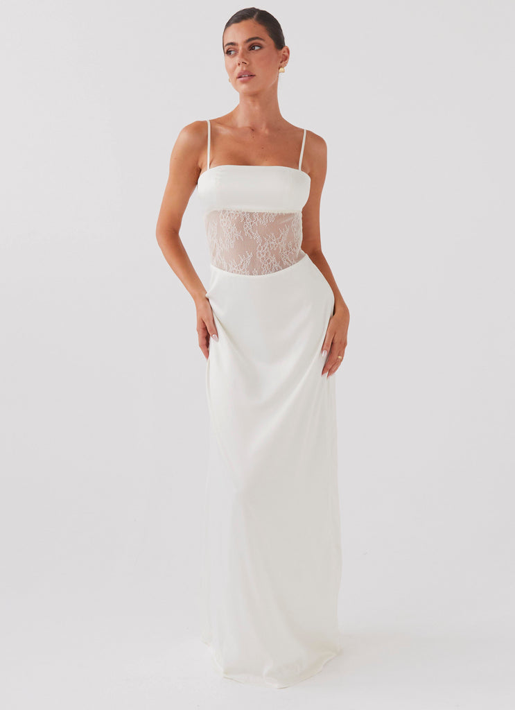 Womens Palais Royale Lace Maxi Dress in the colour Antique in front of a light grey background
