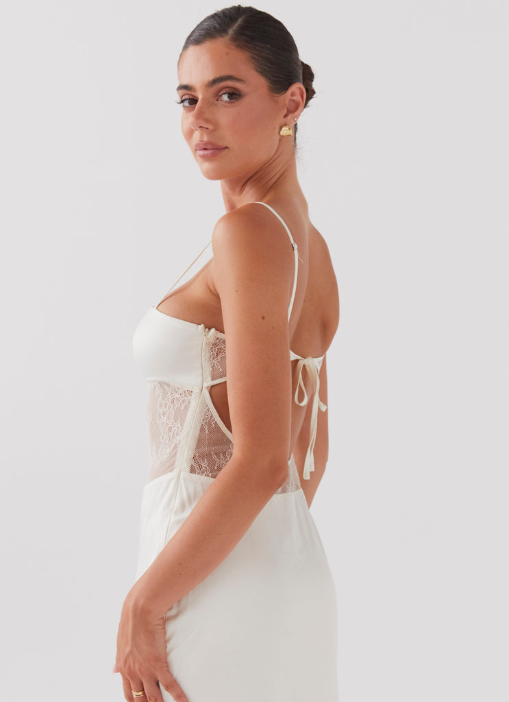 Womens Palais Royale Lace Maxi Dress in the colour Antique in front of a light grey background
