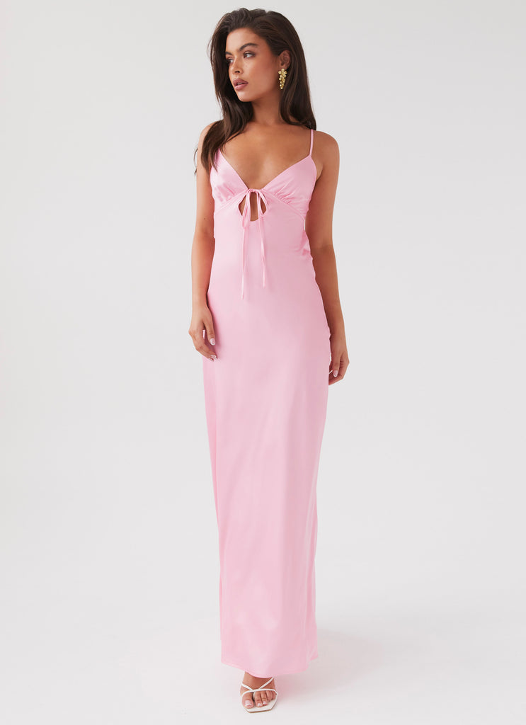 Womens Flora Satin Maxi Dress in the colour Candy in front of a light grey background