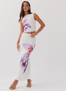 Womens Waiting For Dawn Mesh Maxi Skirt in the colour White in front of a light grey background