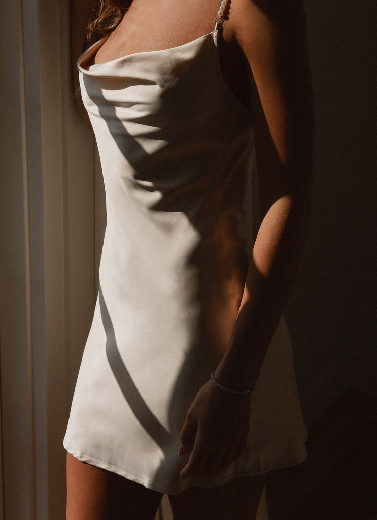 Womens Here We Go Satin Mini Dress in the colour Pearl in front of a light grey background