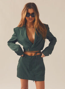 Pursuit of Happiness Cropped Blazer - Green Pinstripe - Peppermayo US