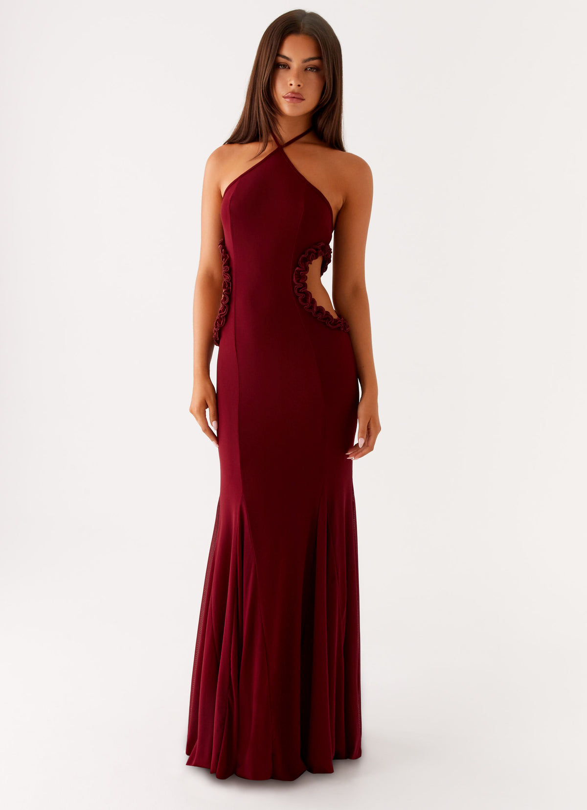 promenade maxi dress in wine Jemima pair:cera-heart-earrings-gold Pants size:34W / L / 50 EUR high slits in the Sorority Rush Dresses 2026