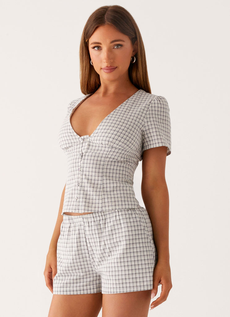 Adalina Button Up Top - Grey Check