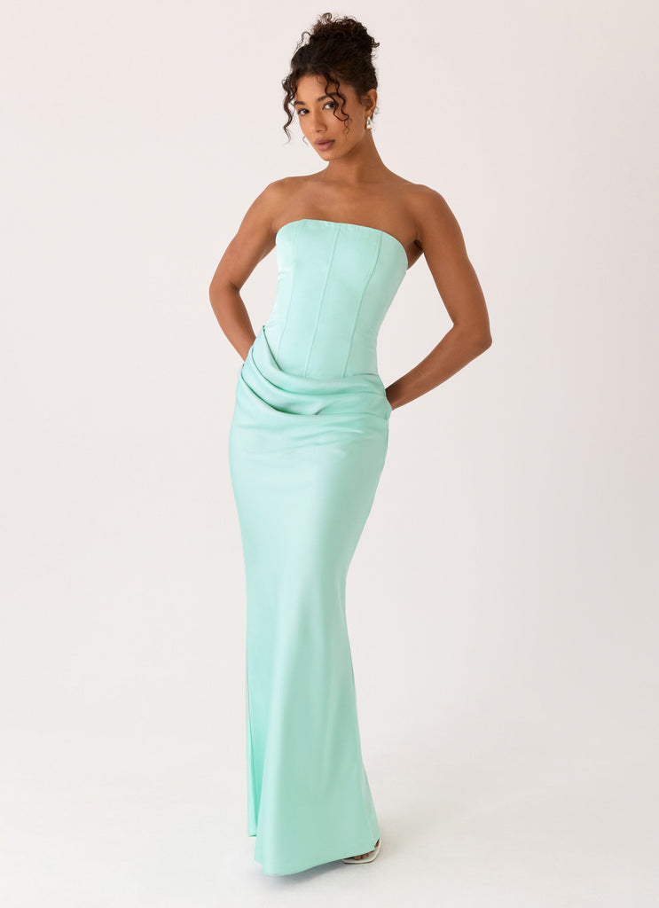 nora strapless ruched bodice maxi dress aqua fitted lace wedding dress Shona Joy Nora Strapless Ruched Bodice Maxi Dress