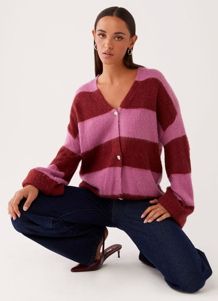 Womens Ainslee Oversized Knit Cardigan in the colour Red Pink Stripe in front of a light grey background