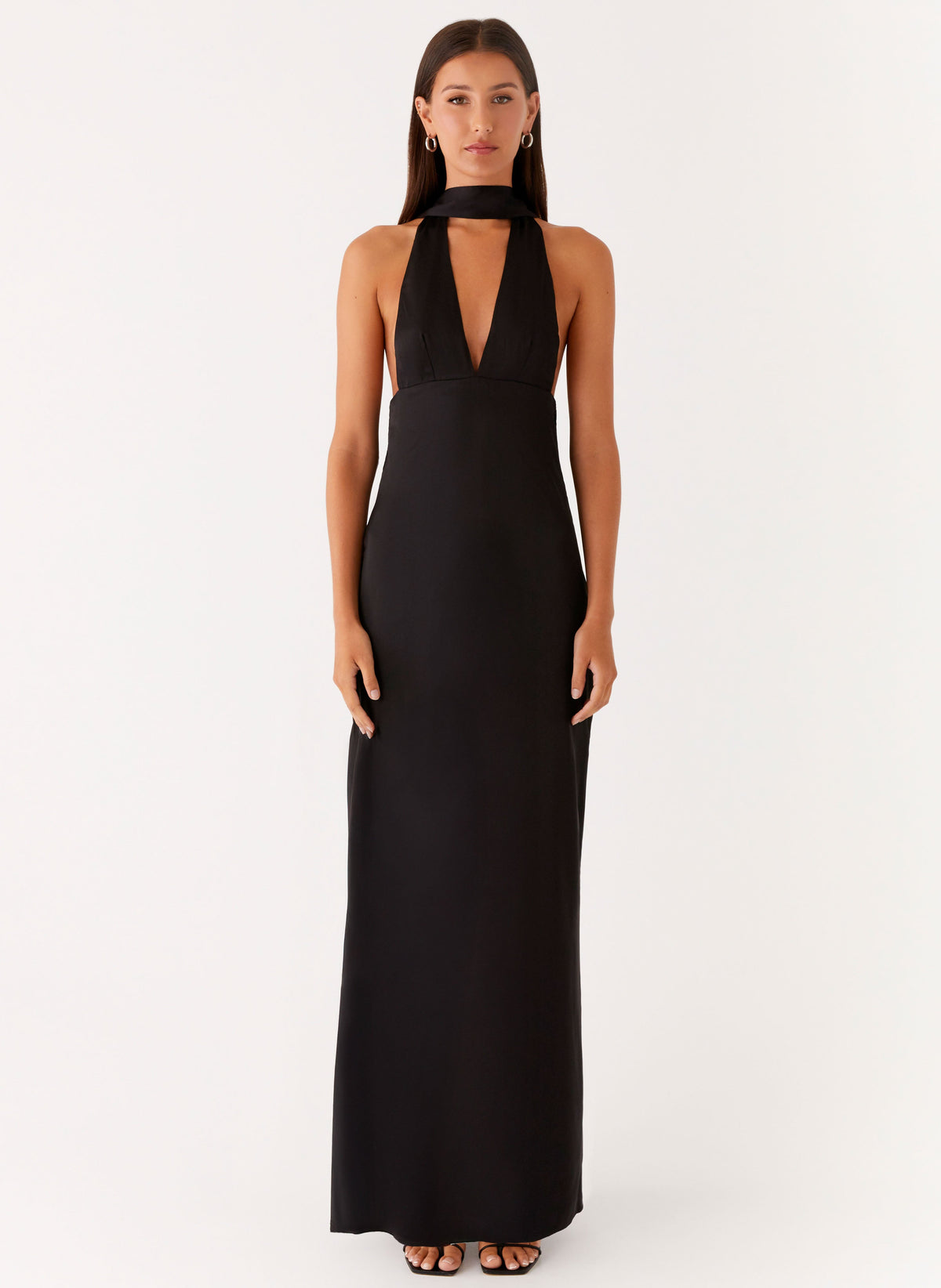 black halter neck dress Lyons High Mini very fitted at natural waist Alicia Satin Halter Maxi Dress