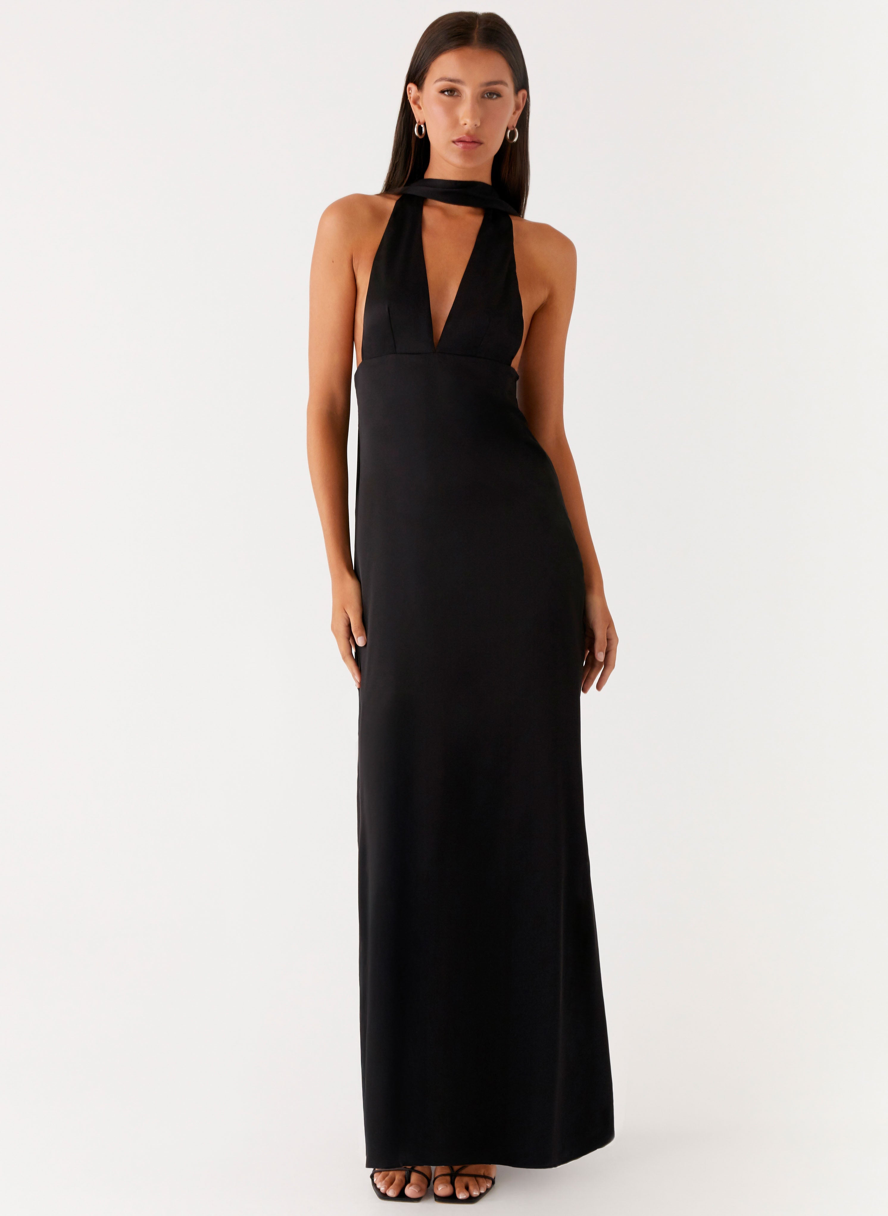 Alicia Satin Halter Maxi Dress - Black Peppermayo US Alicia Satin Halter Maxi Dress - Black Peppermayo US