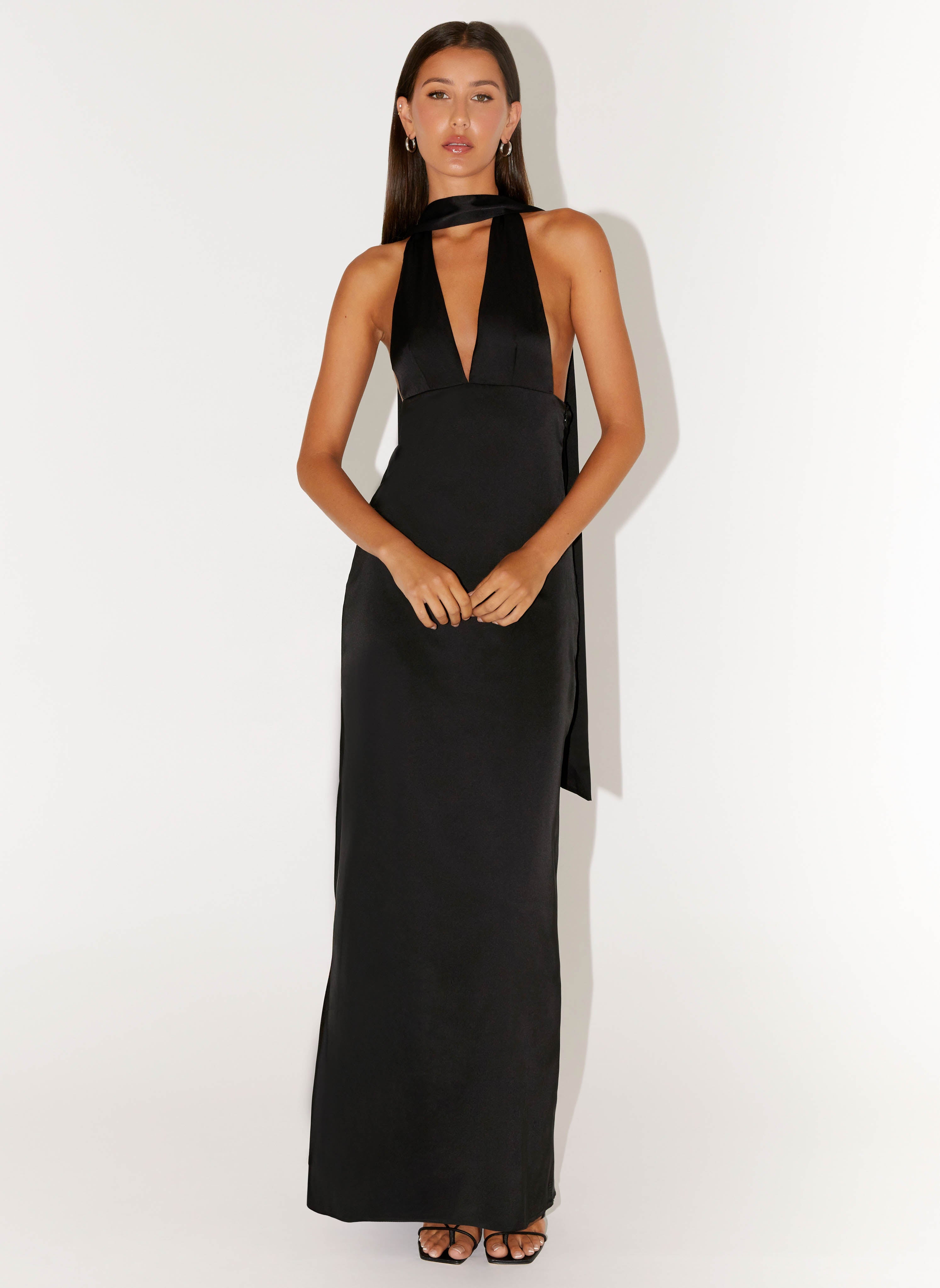 Alicia Satin Halter Maxi Dress - Black Peppermayo US Alicia Satin Halter Maxi Dress - Black Peppermayo US