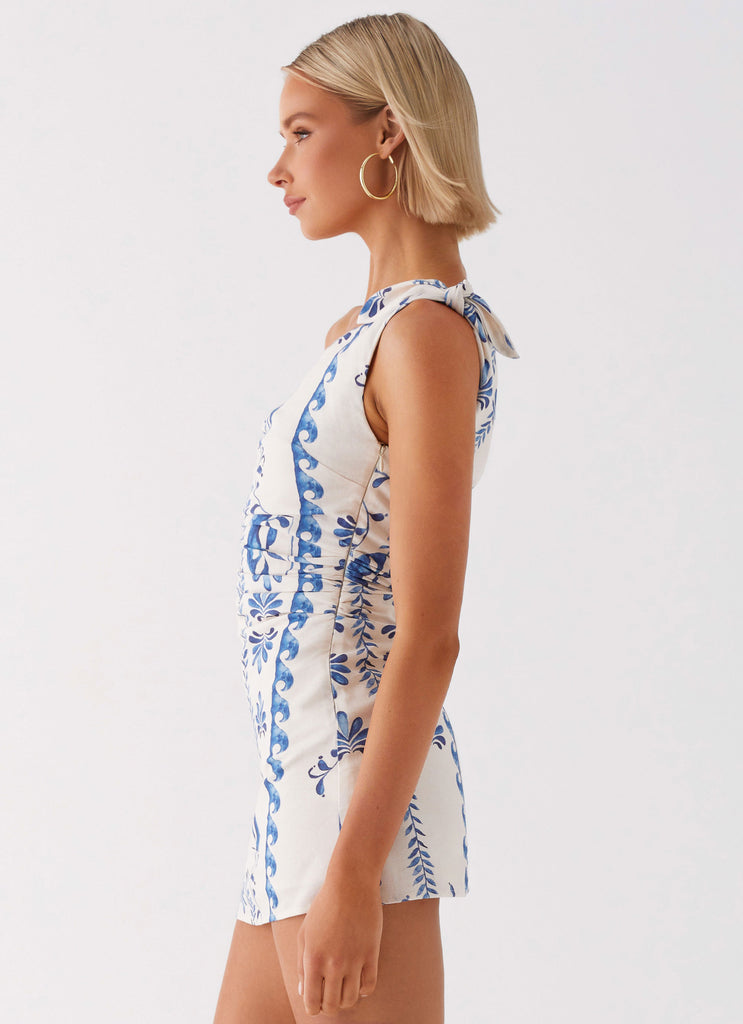Womens Amazonia Linen Mini Dress in the colour Floral Wave in front of a light grey background