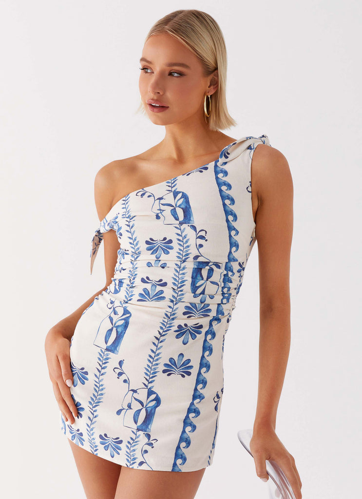 Womens Amazonia Linen Mini Dress in the colour Floral Wave in front of a light grey background