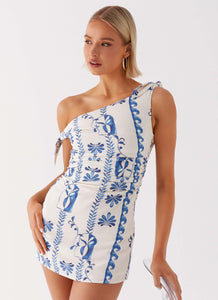 Womens Amazonia Linen Mini Dress in the colour Floral Wave in front of a light grey background