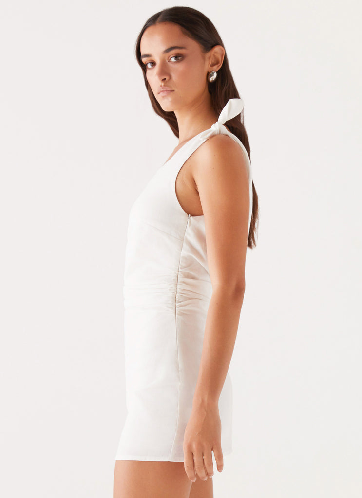 Womens Amazonia Linen Mini Dress in the colour White in front of a light grey background