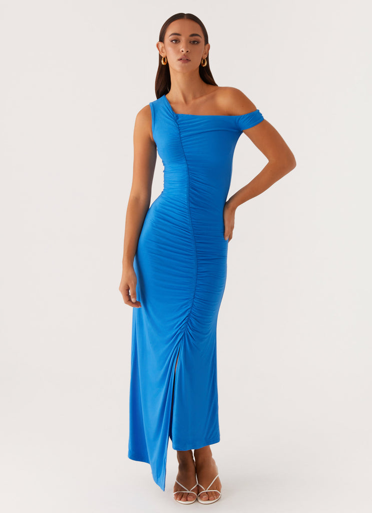 Anaya Ruched Asymmetrical Maxi Dress - Azure Peppermayo US Anaya Ruched Asymmetrical Maxi Dress - Azure Peppermayo US