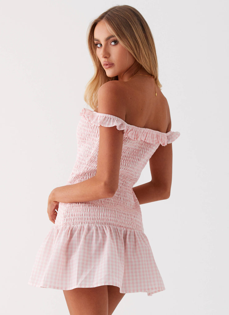 Womens Anica Mini Dress in the colour Pink Gingham in front of a light grey background