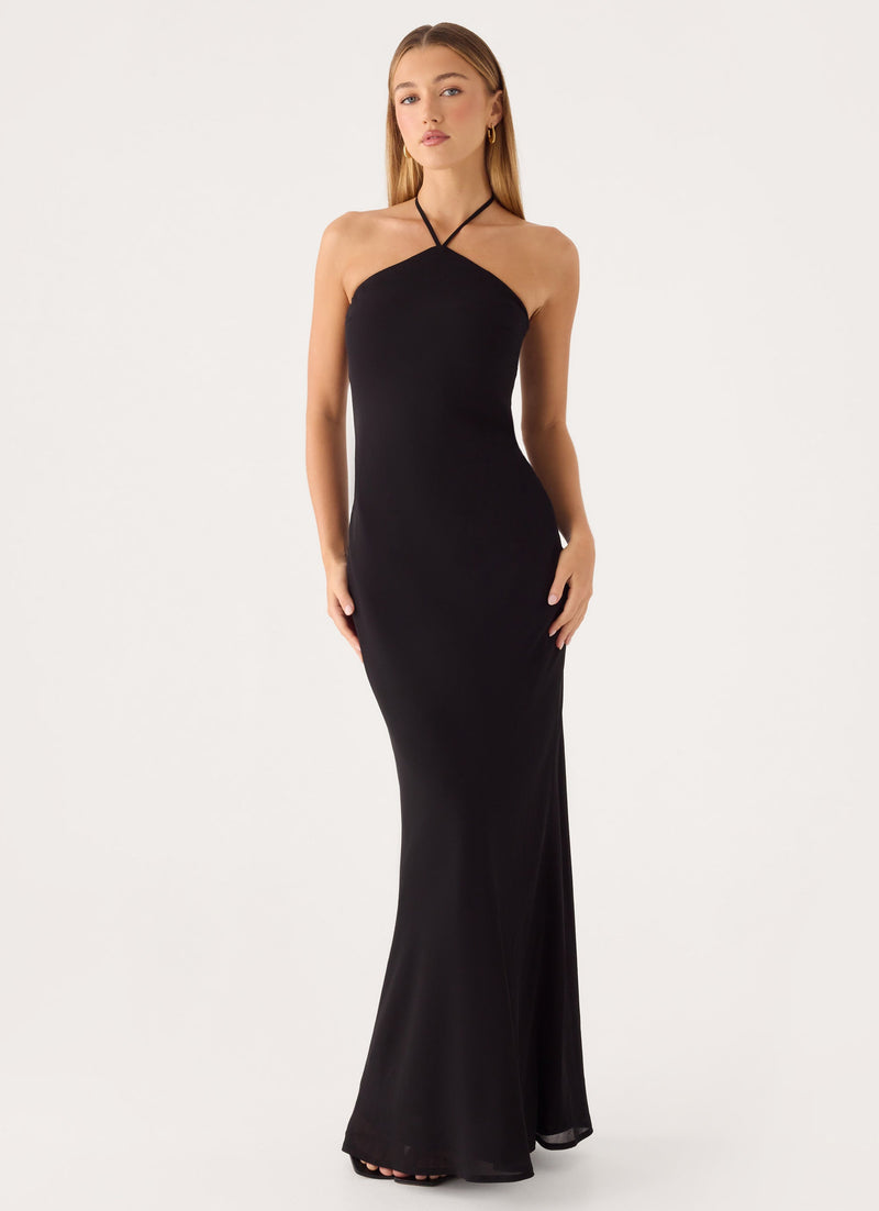 simple black maxi dress Bliss Flow 100% Polyester Cold hand wash only Do not bleach Do not soak Do not rub Warm iron inside out Do not dry clean Made of a delicate material be careful of pulls Please refer to fabric swatch image for most accurate colour Women's Maxi Dress Black Dress